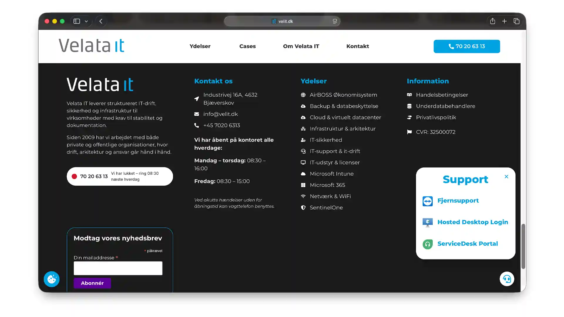 Footer, inkl. links til alle undersider, samt nyhedsbrev-embedding